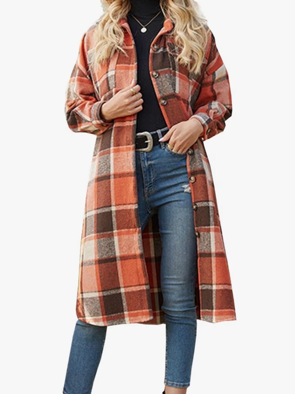 Long Orange Plaid Button-Front Shacket